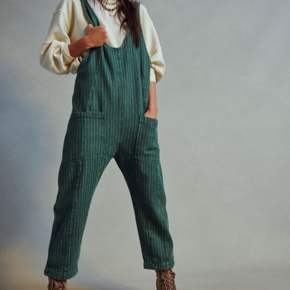 Free People Green Pinstripe Utility Jumpsuit Overalls - Picture 2 of 5